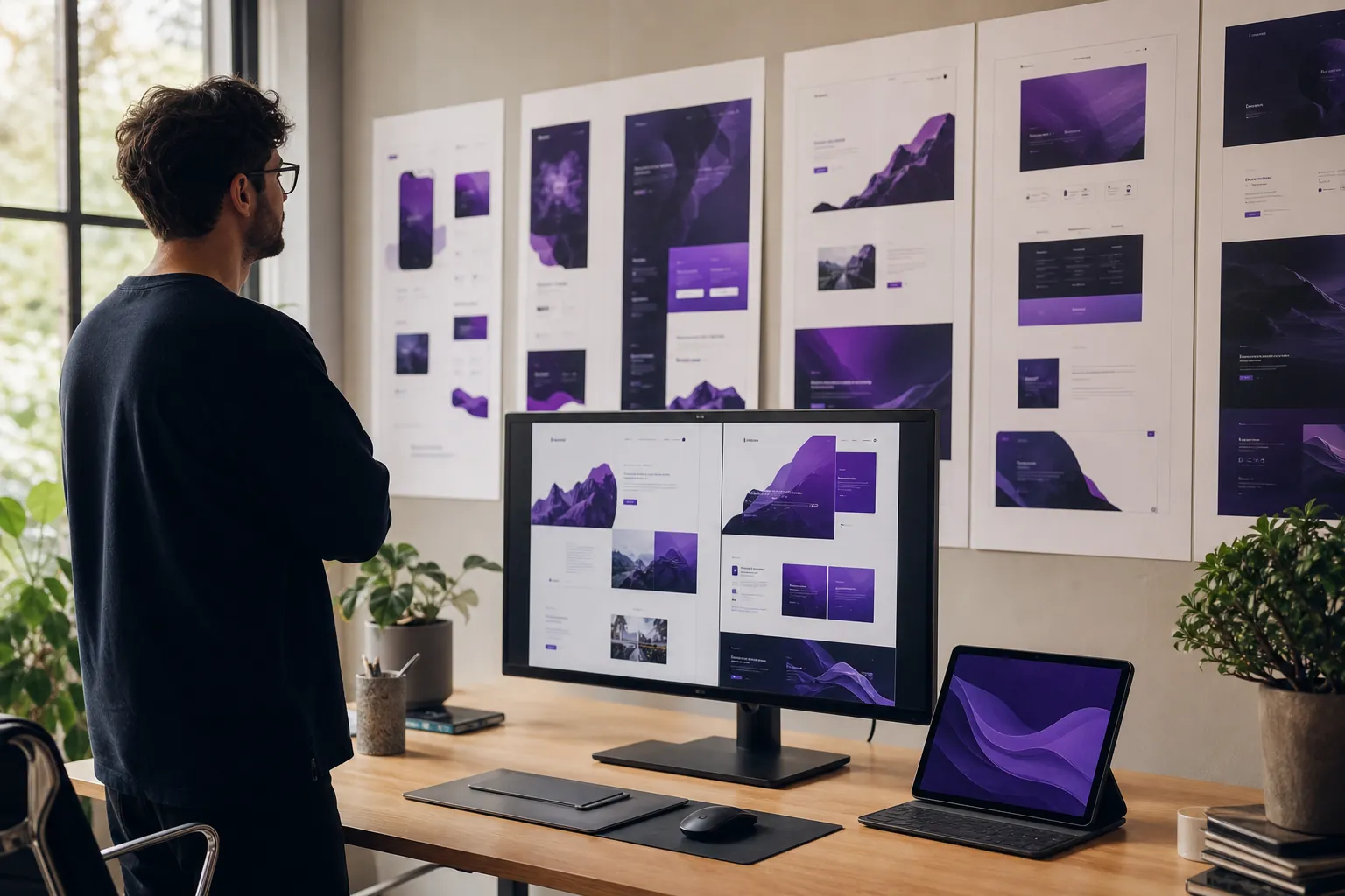 A calm design studio workspace with homepage layout artboards on a monitor and pinned to the wall