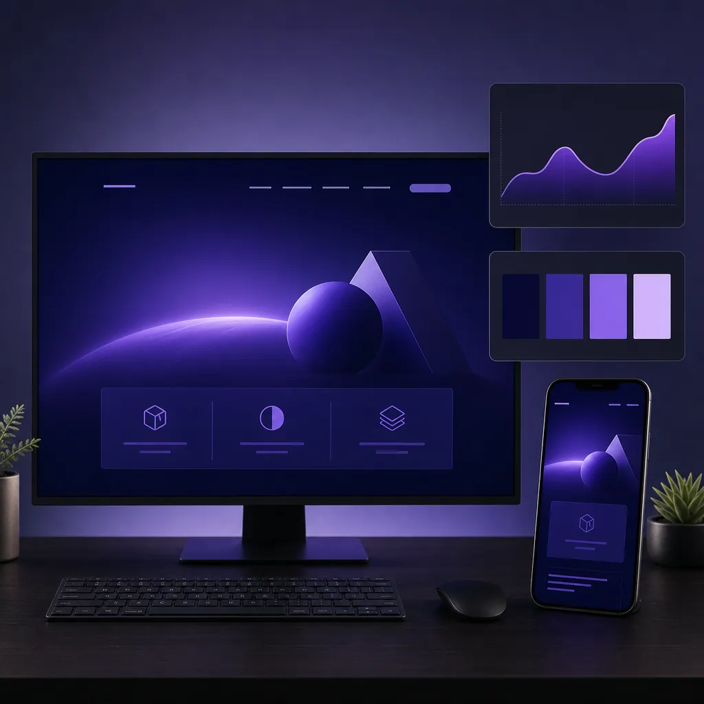 A homepage design concept shown on a monitor and phone with a violet interface, a chart, and a brand color palette