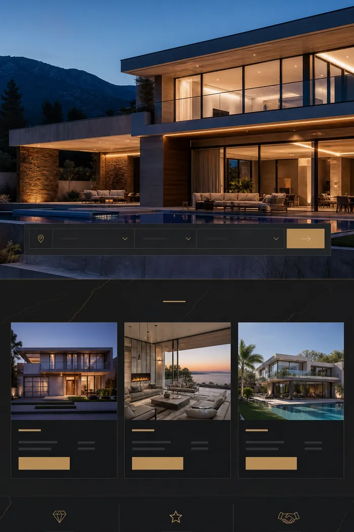 Luxury real estate homepage concept in charcoal and gold