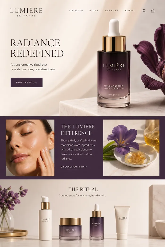 Luxury skincare ecommerce homepage concept in cream and plum